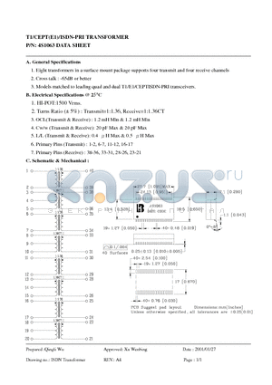 4S1063 datasheet - T1/CEPT(E1)/ISDN-PRI TRANSFORMER