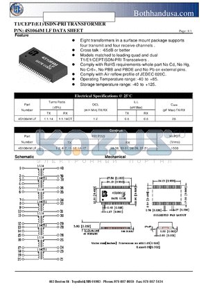 4S1064M-LF datasheet - T1/CEPT(E1)/ISDN-PRI TRANSFORMER