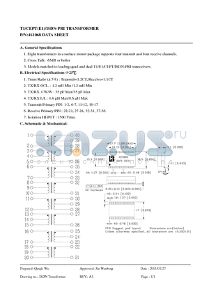 4S1068 datasheet - T1/CEPT(E1)/ISDN-PRI TRANSFORMER