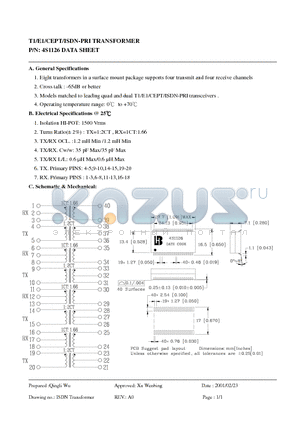 4S1126 datasheet - T1/E1/CEPT/ISDN-PRI TRANSFORMER