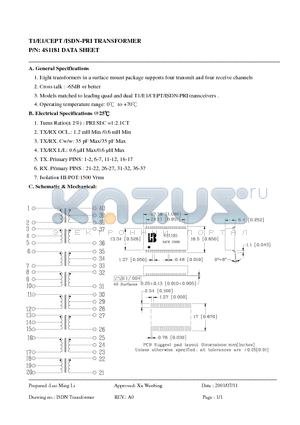 4S1181 datasheet - T1/E1/CEPT /ISDN-PRI TRANSFORMER