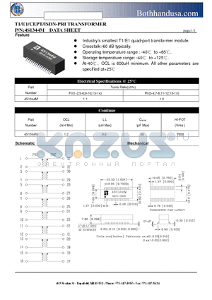 4S1344M datasheet - T1/E1/CEPT/ISDN-PRI TRANSFORMER