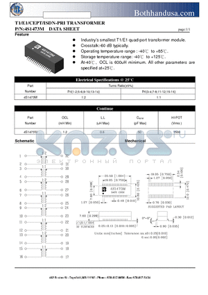 4S1473M datasheet - T1/E1/CEPT/ISDN-PRI TRANSFORMER