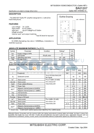 BA01207 datasheet - GaAs HBT HYBRID IC