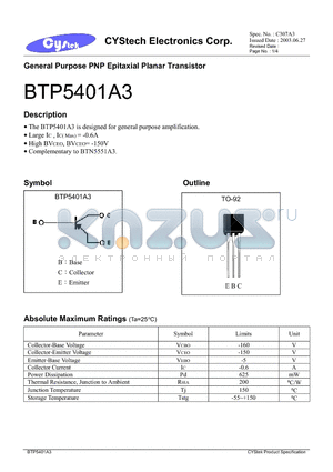 BTP5401A3 datasheet - General Purpose PNP Epitaxial Planar Transistor