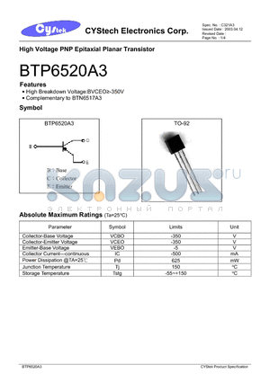 BTP6520A3 datasheet - High Voltage PNP Epitaxial Planar Transistor
