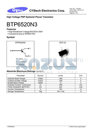 BTP6520N3 datasheet - High Voltage PNP Epitaxial Planar Transistor