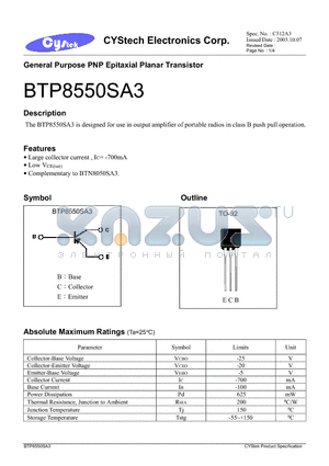 BTP8550SA3 datasheet - General Purpose PNP Epitaxial Planar Transistor