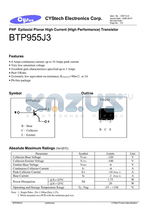 BTP955J3 datasheet - PNP Epitaxial Planar High Current (High Performance) Transistor