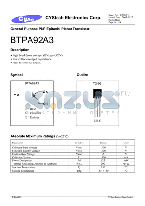 BTPA92A3 datasheet - General Purpose PNP Epitaxial Planar Transistor