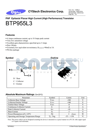 BTP955L3 datasheet - PNP Epitaxial Planar High Current (High Performance) Transistor