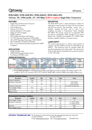 BTR-3420-SPG datasheet - 1310 nm TX / 1550 nm RX , 5V / 155 Mbps RoHS Compliant Single-Fiber Transceiver
