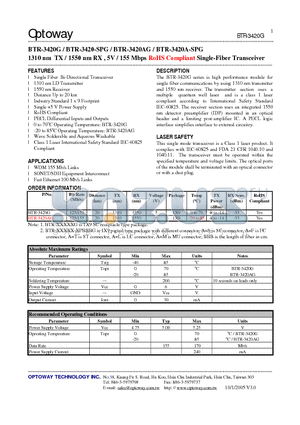 BTR-3420A-SPG datasheet - 1310 nm TX / 1550 nm RX , 5V / 155 Mbps RoHS Compliant Single-Fiber Transceiver