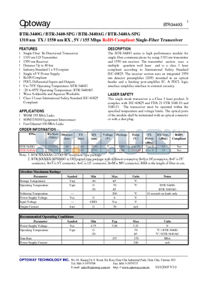 BTR-3440A-SPG datasheet - 1310 nm TX / 1550 nm RX , 5V / 155 Mbps RoHS Compliant Single-Fiber Transceiver