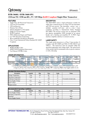 BTR-3460-SPG datasheet - 1310 nm TX / 1550 nm RX , 5V / 155 Mbps RoHS Compliant Single-Fiber Transceiver