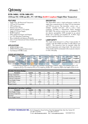 BTR-3480-SPG datasheet - 1310 nm TX / 1550 nm RX , 5V / 155 Mbps RoHS Compliant Single-Fiber Transceiver