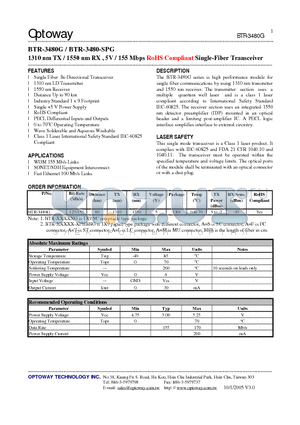 BTR-3480G datasheet - 1310 nm TX / 1550 nm RX , 5V / 155 Mbps RoHS Compliant Single-Fiber Transceiver