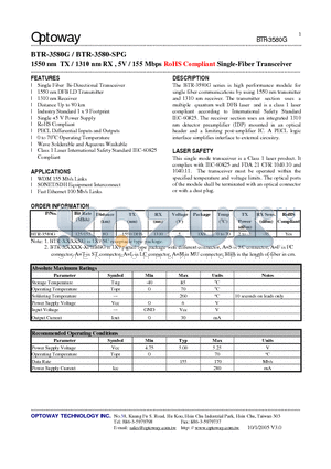 BTR-3580-SPG datasheet - 1550 nm TX / 1310 nm RX , 5V / 155 Mbps RoHS Compliant Single-Fiber Transceiver