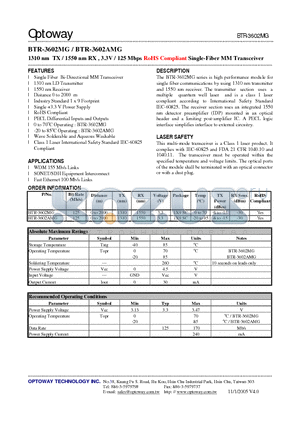 BTR-3602AMG datasheet - 1310 nm TX / 1550 nm RX , 3.3V / 125 Mbps RoHS Compliant Single-Fiber MM Transceiver