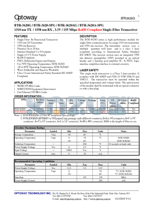 BTR-3620AG datasheet - 1310 nm TX / 1550 nm RX , 3.3V / 155 Mbps RoHS Compliant Single-Fiber Transceiver