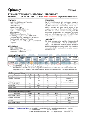 BTR-3640AG datasheet - 1310 nm TX / 1550 nm RX , 3.3V / 155 Mbps RoHS Compliant Single-Fiber Transceiver