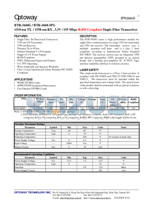 BTR-3660-SPG datasheet - 1310 nm TX / 1550 nm RX , 3.3V / 155 Mbps RoHS Compliant Single-Fiber Transceiver