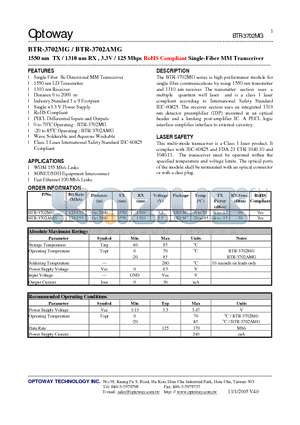 BTR-3702AMG datasheet - 1550 nm TX / 1310 nm RX , 3.3V / 125 Mbps RoHS Compliant Single-Fiber MM Transceiver