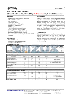 BTR-3702MG datasheet - 1550 nm TX / 1310 nm RX , 3.3V / 125 Mbps RoHS Compliant Single-Fiber MM Transceiver