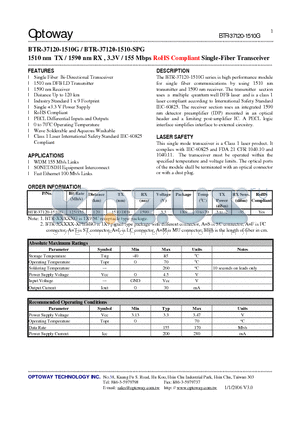 BTR-37120-1510G datasheet - 1510 nm TX / 1590 nm RX , 3.3V / 155 Mbps RoHS Compliant Single-Fiber Transceiver