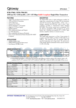 BTR-3780-SPG datasheet - 1550 nm TX / 1310 nm RX , 3.3V / 155 Mbps RoHS Compliant Single-Fiber Transceiver