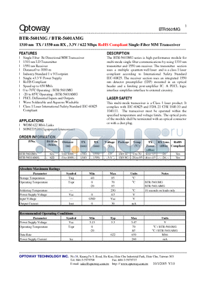 BTR-5601AMG datasheet - 1310 nm TX / 1550 nm RX , 3.3V / 622 Mbps RoHS Compliant Single-Fiber MM Transceiver