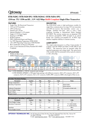 BTR-5620A-SPG datasheet - 1310 nm TX / 1550 nm RX , 3.3V / 622 Mbps RoHS Compliant Single-Fiber Transceiver