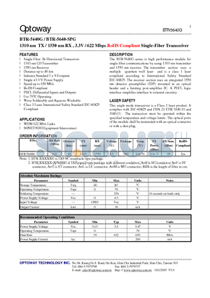 BTR-5640-SPG datasheet - 1310 nm TX / 1550 nm RX , 3.3V / 622 Mbps RoHS Compliant Single-Fiber Transceiver