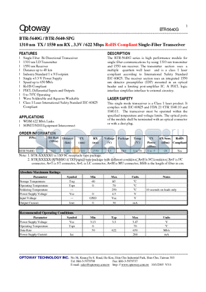 BTR-5640G datasheet - 1310 nm TX / 1550 nm RX , 3.3V / 622 Mbps RoHS Compliant Single-Fiber Transceiver