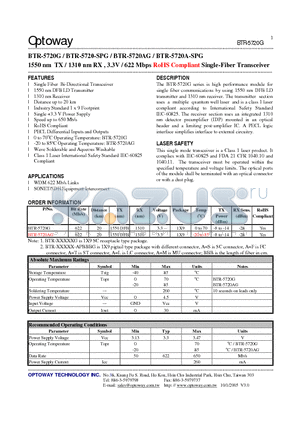 BTR-5720AG datasheet - 1550 nm TX / 1310 nm RX , 3.3V / 622 Mbps RoHS Compliant Single-Fiber Transceiver