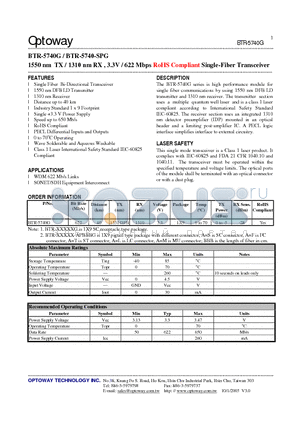 BTR-5740-SPG datasheet - 1550 nm TX / 1310 nm RX , 3.3V / 622 Mbps RoHS Compliant Single-Fiber Transceiver