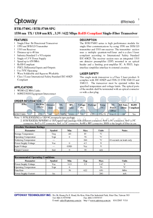 BTR-5740G datasheet - 1550 nm TX / 1310 nm RX , 3.3V / 622 Mbps RoHS Compliant Single-Fiber Transceiver
