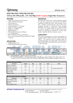 BTR-5780-1510-SPG datasheet - 1510 nm TX/ 1590 nm RX , 3.3V / 622 Mbps RoHS Compliant Single-Fiber Transceiver