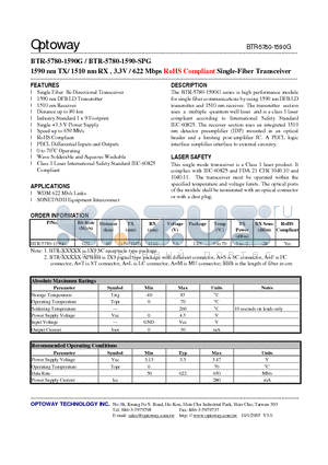 BTR-5780-1590G datasheet - 1590 nm TX/ 1510 nm RX , 3.3V / 622 Mbps RoHS Compliant Single-Fiber Transceiver