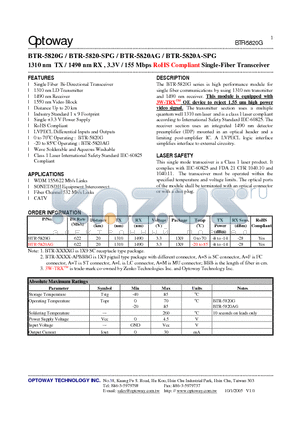 BTR-5820-SPG datasheet - 1310 nm TX / 1490 nm RX , 3.3V / 155 Mbps RoHS Compliant Single-Fiber Transceiver