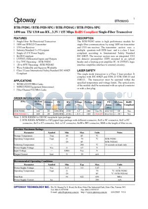 BTR-5920-SPG datasheet - 1490 nm TX/ 1310 nm RX , 3.3V / 155 Mbps RoHS Compliant Single-Fiber Transceiver
