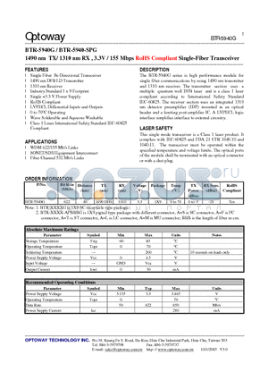 BTR-5940-SPG datasheet - 1490 nm TX/ 1310 nm RX , 3.3V / 155 Mbps RoHS Compliant Single-Fiber Transceiver