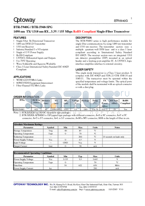 BTR-5940G datasheet - 1490 nm TX/ 1310 nm RX , 3.3V / 155 Mbps RoHS Compliant Single-Fiber Transceiver