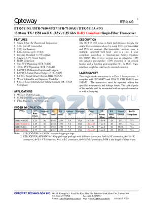 BTR-7610-SPG datasheet - 1310 nm TX / 1550 nm RX , 3.3V / 1.25 Gb/s RoHS Compliant Single-Fiber Transceiver