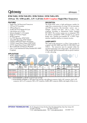 BTR-7620CG datasheet - 1310 nm TX / 1550 nm RX , 3.3V / 1.25 Gb/s RoHS Compliant Single-Fiber Transceiver