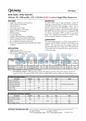 BTR-7660G datasheet - 1310 nm TX / 1550 nm RX , 3.3V / 1.25 Gb/s RoHS Compliant Single-Fiber Transceiver