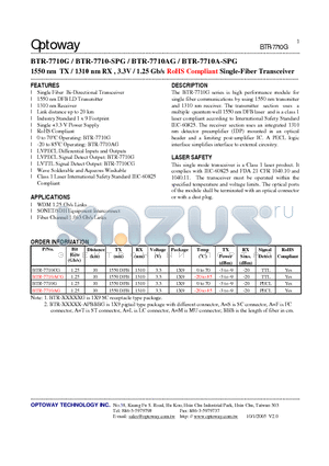 BTR-7710G datasheet - 1550 nm TX / 1310 nm RX , 3.3V / 1.25 Gb/s RoHS Compliant Single-Fiber Transceiver