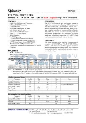 BTR-7740CG datasheet - 1550 nm TX / 1310 nm RX , 3.3V / 1.25 Gb/s RoHS Compliant Single-Fiber Transceiver