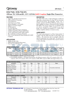 BTR-7760-SPG datasheet - 1550 nm TX / 1310 nm RX , 3.3V / 1.25 Gb/s RoHS Compliant Single-Fiber Transceiver