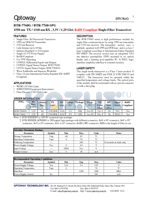 BTR-7760CG datasheet - 1550 nm TX / 1310 nm RX , 3.3V / 1.25 Gb/s RoHS Compliant Single-Fiber Transceiver